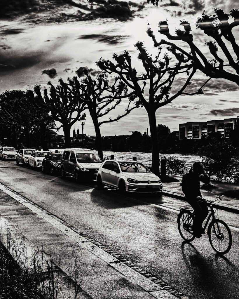Schwarzweißfotografie einer Straße mit Radfahrer, parkenden Autos und kahlen Bäumen unter einem wolkigen Himmel.